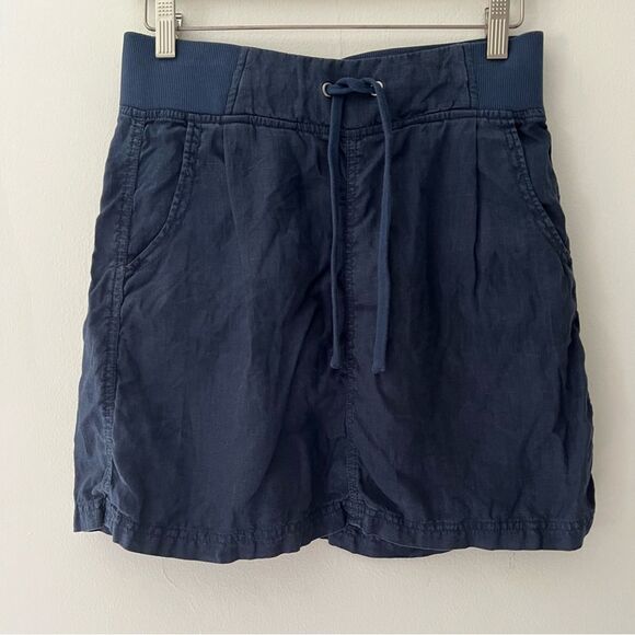 Athleta 100% Linen Skirt Navy Pull On Stretch Waist Drawstring Pockets Size 4 - Picture 1 of 6